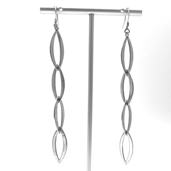 Silver Dangle Drop Earrings 4.25" Long Chain Open Marquise Links Marked 925 - Picture 1 of 9